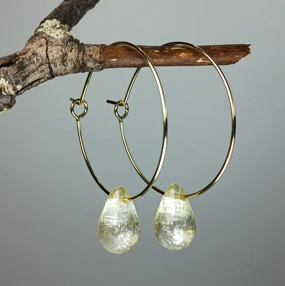 HAND CRAFTED Elegant Gold Hoop Earrings with Artisan Glass Drops - Picture 2 of 8